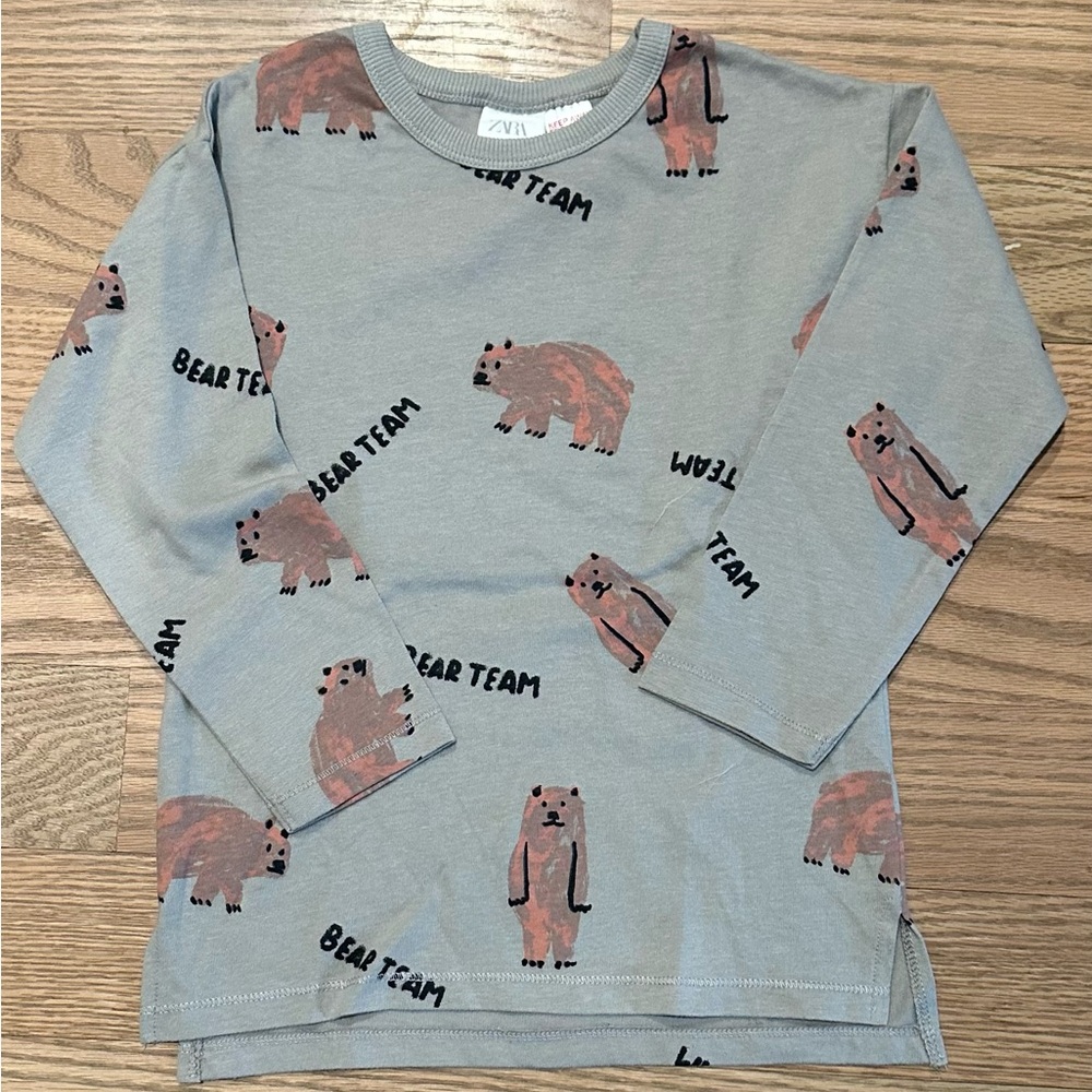 Zara ‘Bear Team’ long sleeve t shirt top gray